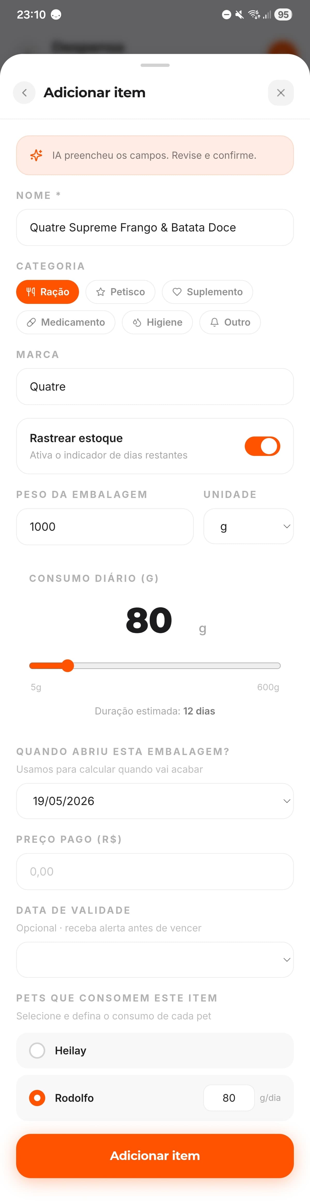 IA preencheu os campos da despensa