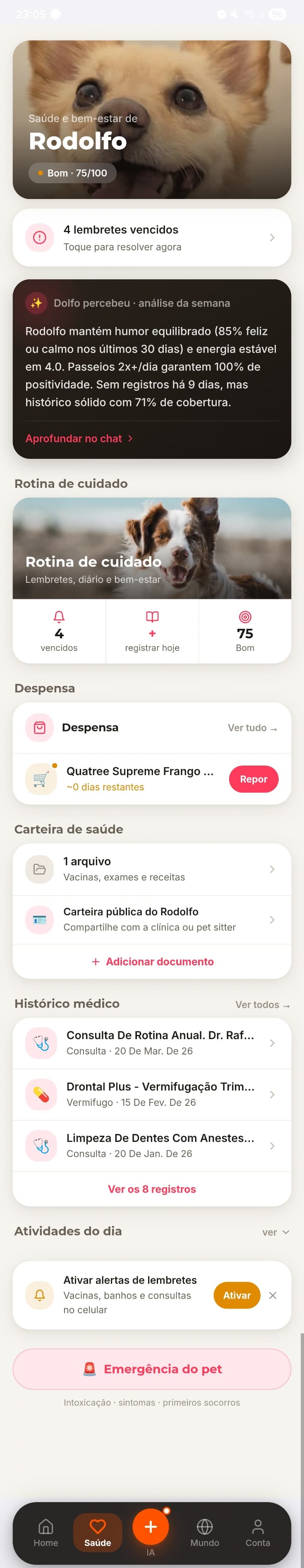 Tela de saúde do DolfoPet