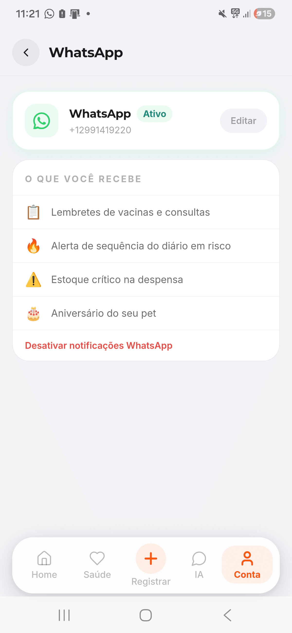 Avisos do Dolfo no WhatsApp
